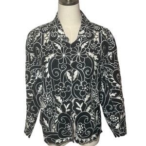 Chico's Linen Embroidered Jacket Cut Out Buttoned 3/4 Sleeve Black White Collar